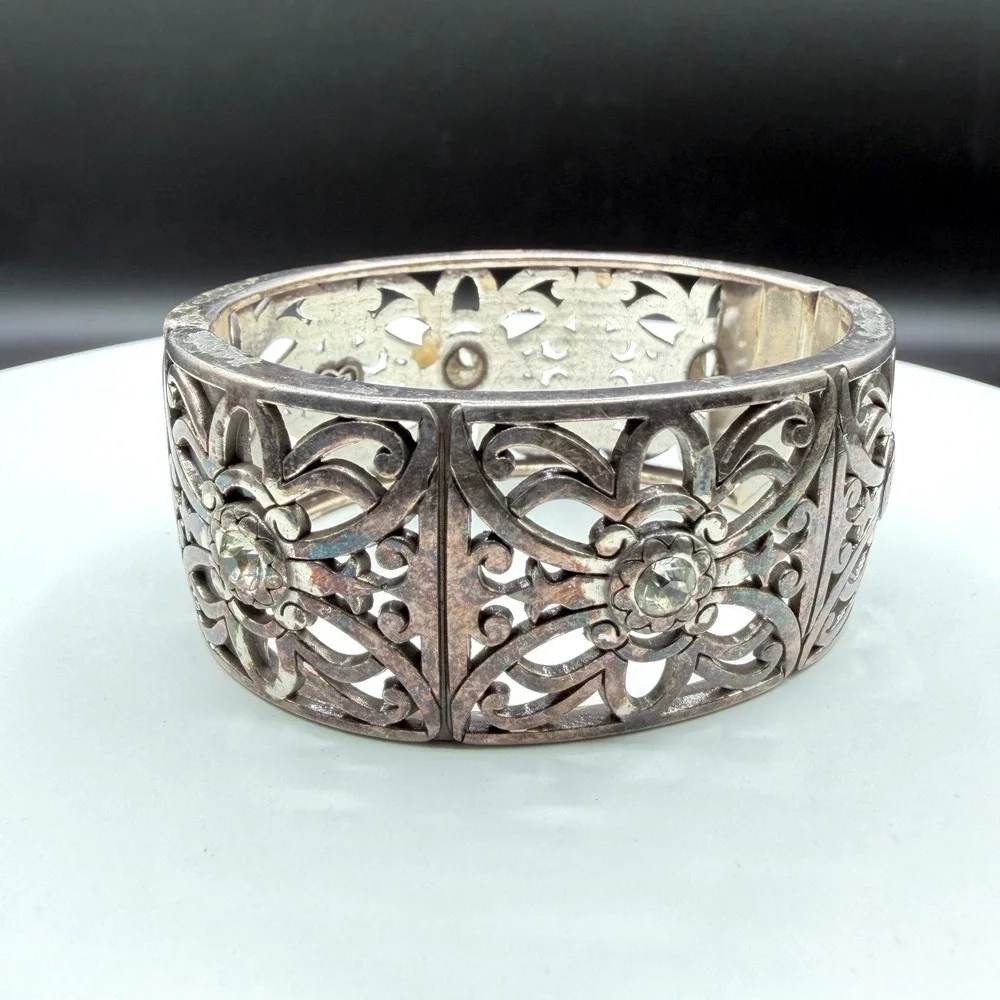 Brighton Silver Tone Filigree Floral Crystal Wide Stretch Bracelet Statement